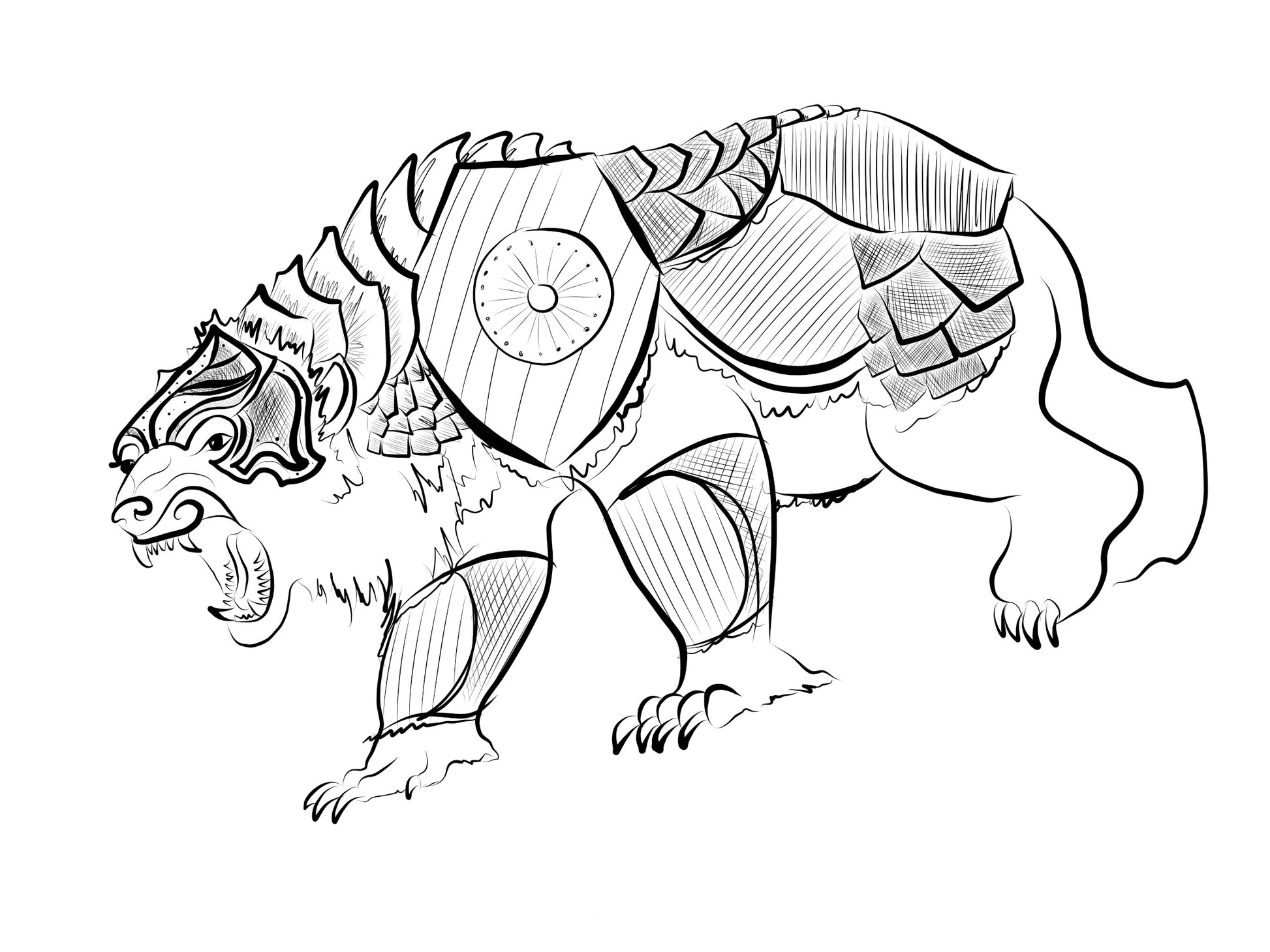 The line art of the Lorek print which is a polar bear covered in armor